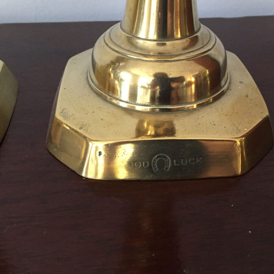Pair of Brass "GOOD LUCK" Candlesticks