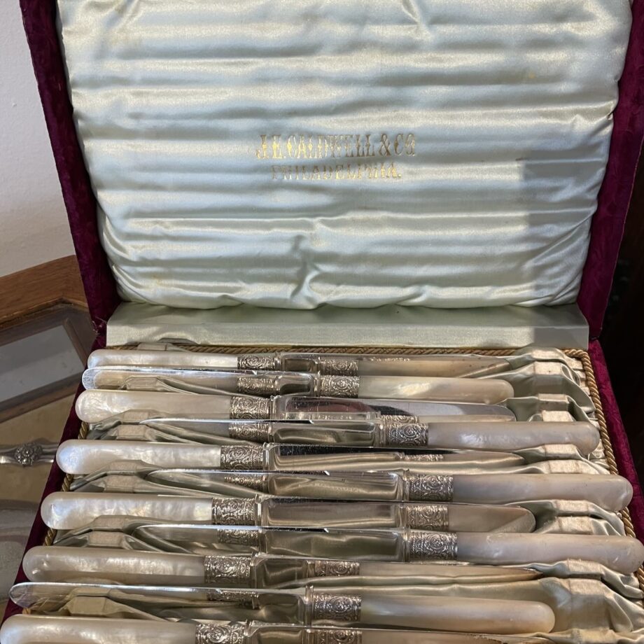 Beautiful Set Of 12 Mother Of Pearl /Sterling Silver Banded Knives